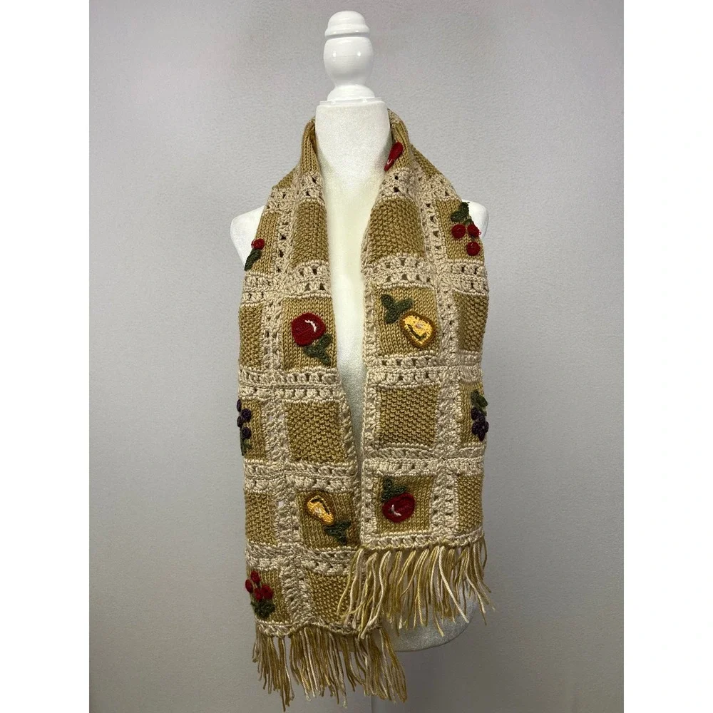 Cottagecore Handmade Women One‎ Size Tan Crochet Fruit Applique Fringe Scarf